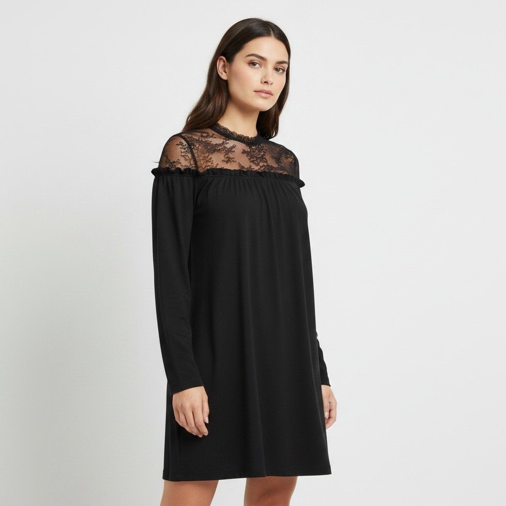 Sandro Paris Black Lace Yoke Long Sleeve Mini Dress Ruffle Shift Size 0